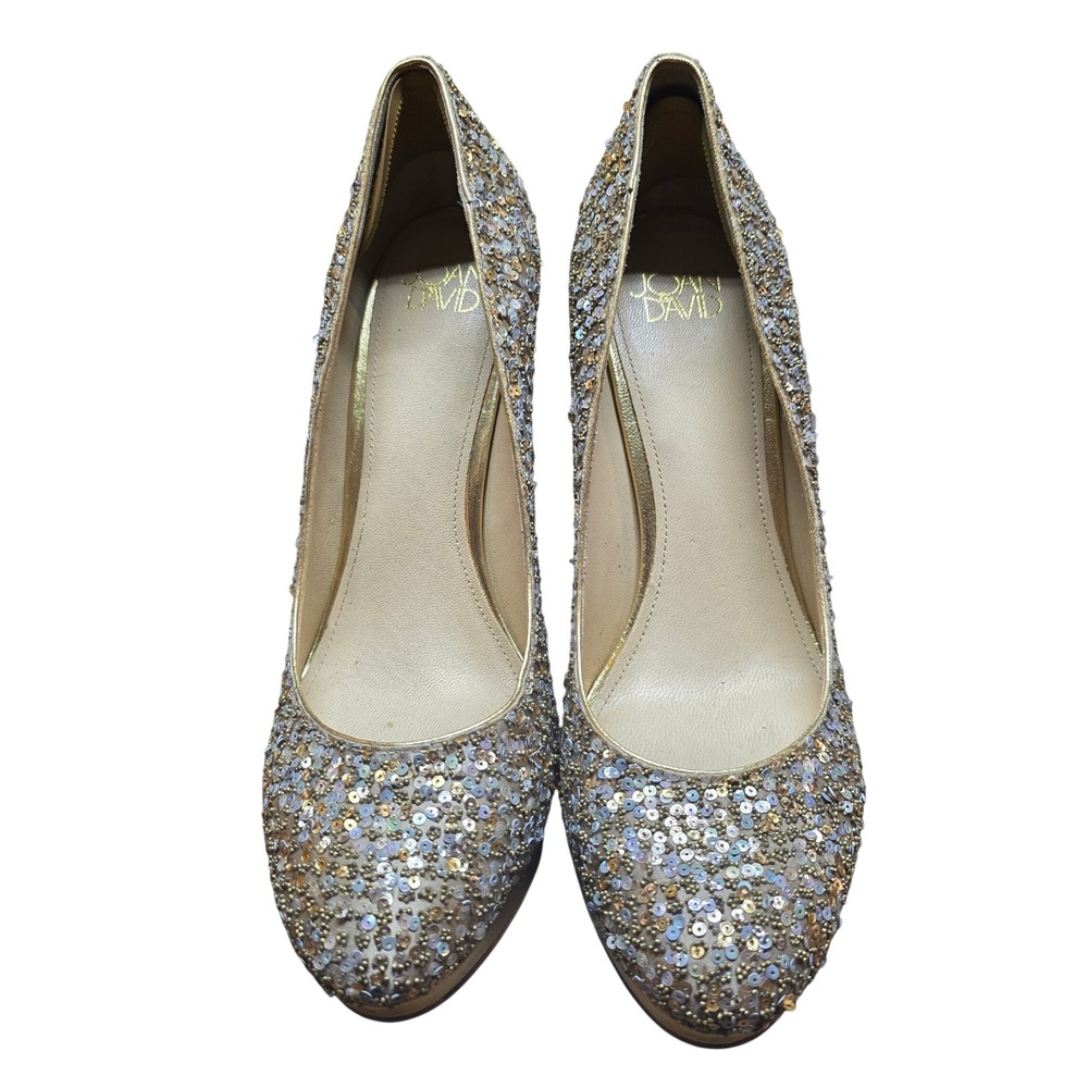 Joan & David Size 9 Gold Sequin Beaded Platform Pumps Stiletto Heels Formal